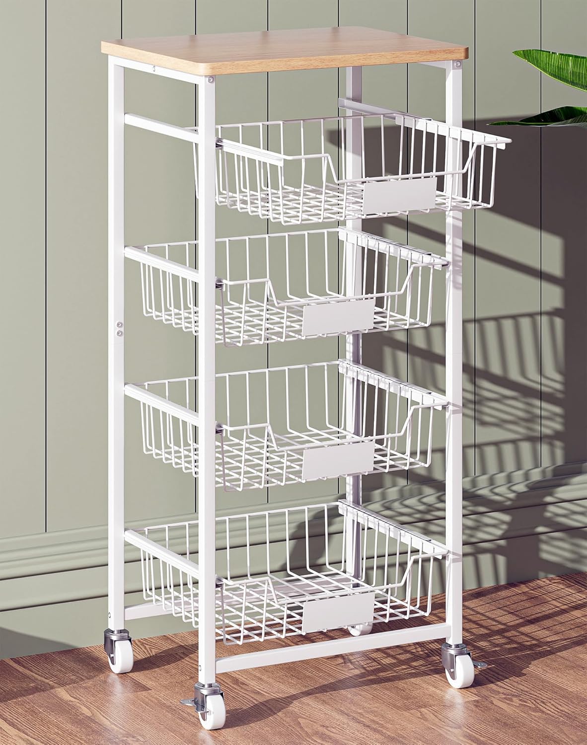 💚💚OKZEST Fruit Basket, 5-Tier Utility Kitchen Organizer and Storage Cart with Pull-Out Baskets and Wood Top, Rolling Pantry Kitchen Cart on Wheels for Fruit Potato Onion Vegetable Snack Produce