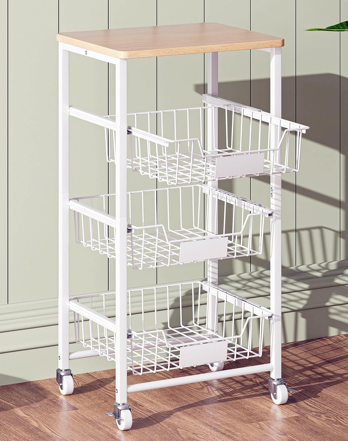 💚💚OKZEST Fruit Basket, 5-Tier Utility Kitchen Organizer and Storage Cart with Pull-Out Baskets and Wood Top, Rolling Pantry Kitchen Cart on Wheels for Fruit Potato Onion Vegetable Snack Produce