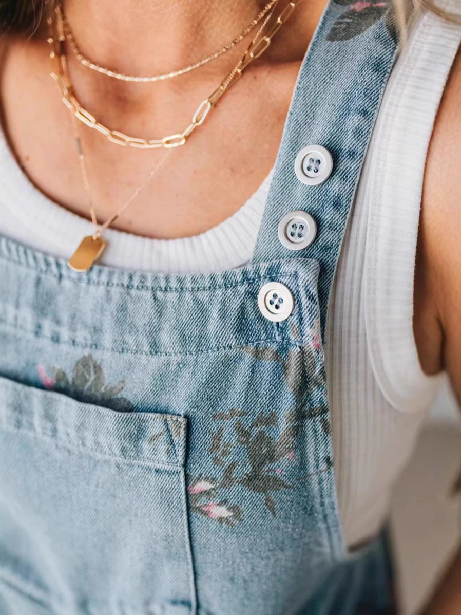 💝💝Women's Retro Personality Printed Denim Jumpsuit