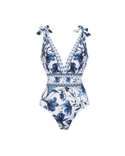 💝💝V Neck Lace Up Printed One Piece Swimsuit and Skirt