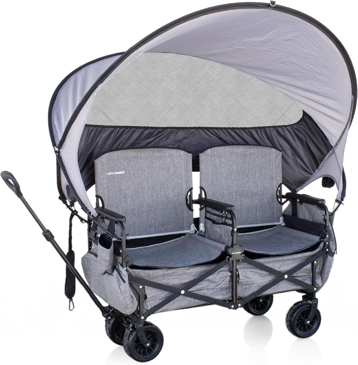 💥Factory Direct Sell💥 Folding Lawn Wagon 🚙✨ 2 Seats, UPF 50+ Canopy & All-Terrain Wheels 🌿