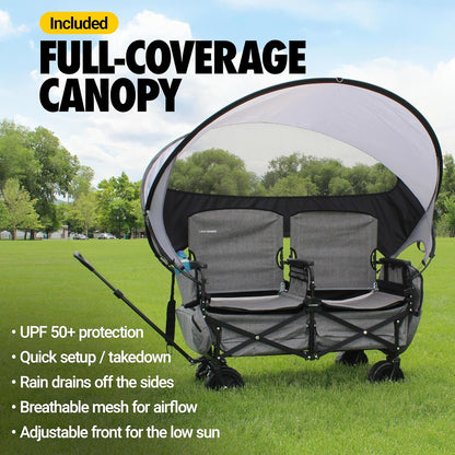 💥Factory Direct Sell💥 Folding Lawn Wagon 🚙✨ 2 Seats, UPF 50+ Canopy & All-Terrain Wheels 🌿