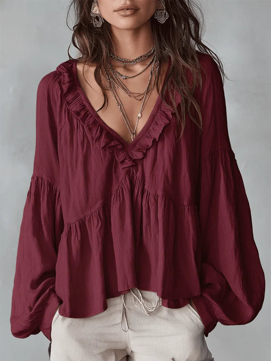 Women's Solid Color Retro Ruffled Casual Cotton Linen Shirt