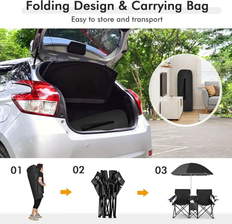 💥Factory Direct Sell💥 Double Camping Chairs ⛱️ w/ Umbrella & Cooler Bag 🧃 Outdoor Folding Set