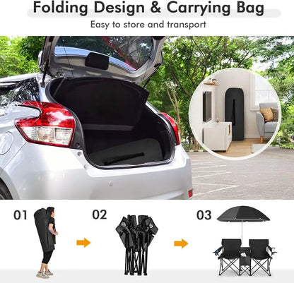💥Factory Direct Sell💥 Double Camping Chairs ⛱️ w/ Umbrella & Cooler Bag 🧃 Outdoor Folding Set