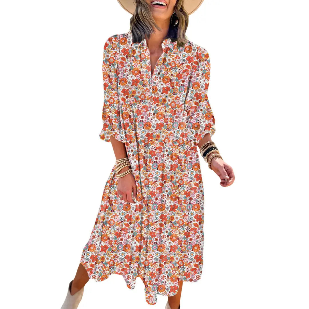 💝💝Dokotoo Women's Casual Bohemian Floral Dress 2026 V-Neck Long Puff Sleeve Midi Dress Soft Fabric Comfortable Summer Dress - Womenswear