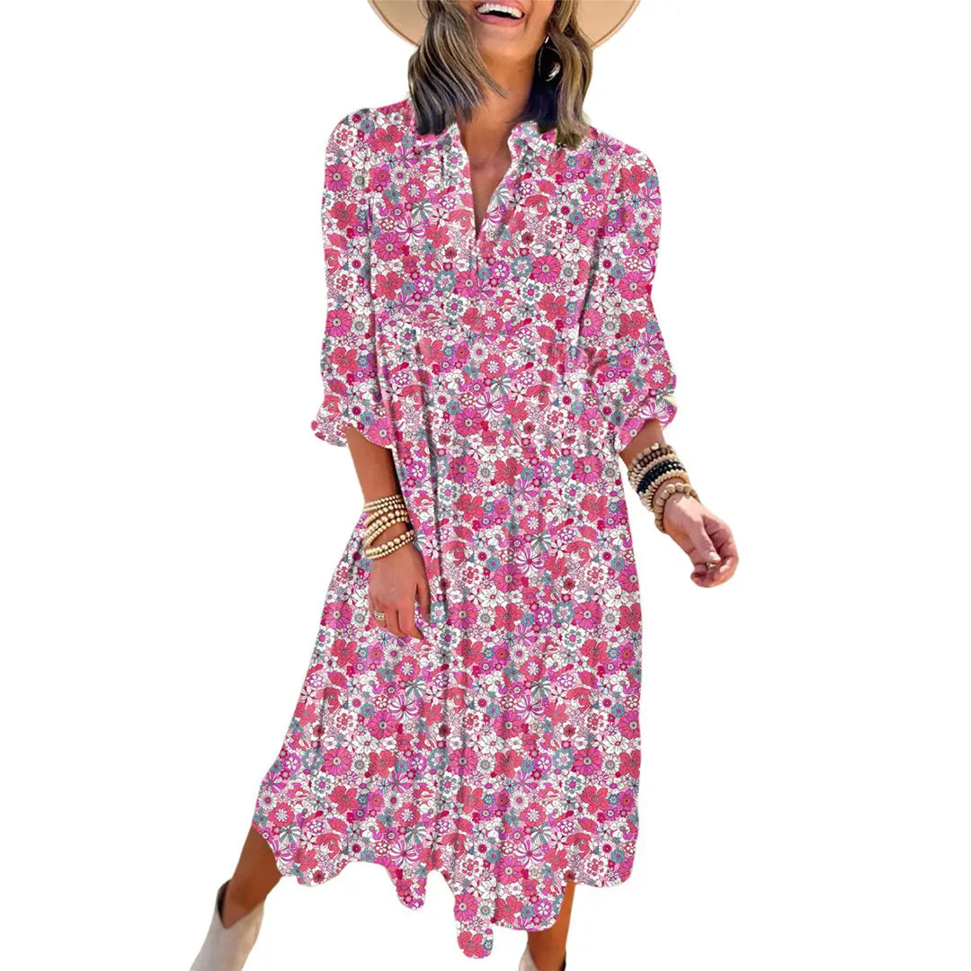 💝💝Dokotoo Women's Casual Bohemian Floral Dress 2026 V-Neck Long Puff Sleeve Midi Dress Soft Fabric Comfortable Summer Dress - Womenswear