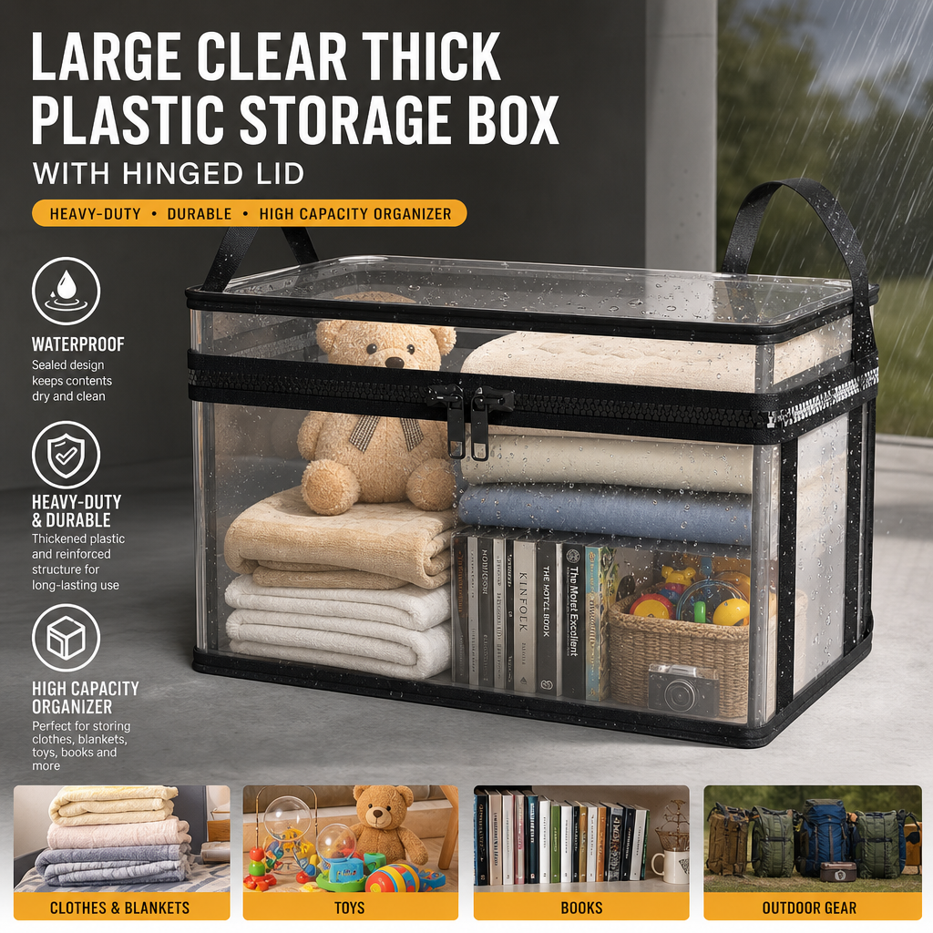 💚💚Large Clear Storage Box with Hinged Lid – Heavy-Duty High Capacity Organizer