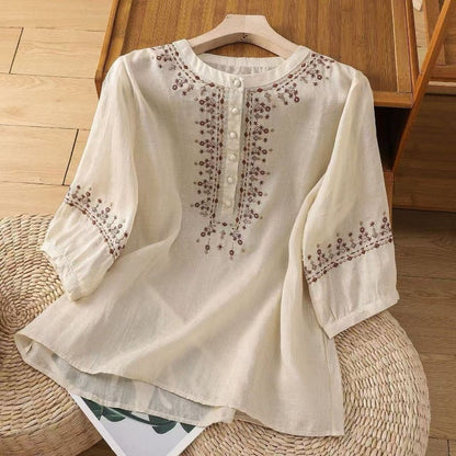 Embroidered, Artsy-retro Style, Pullover, 3/4-sleeve, Loose-fit Cotton-linen Shirt (lightweight)