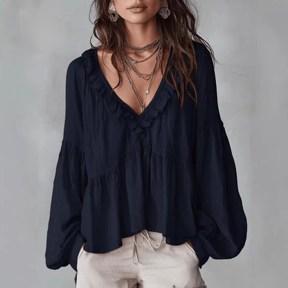 Women's Solid Color Retro Ruffled Casual Cotton Linen Shirt