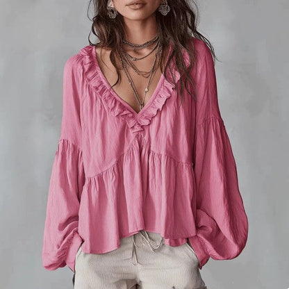 Women's Solid Color Retro Ruffled Casual Cotton Linen Shirt