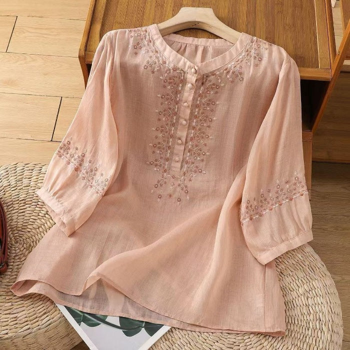 Embroidered, Artsy-retro Style, Pullover, 3/4-sleeve, Loose-fit Cotton-linen Shirt (lightweight)