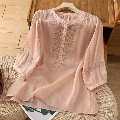 Embroidered, Artsy-retro Style, Pullover, 3/4-sleeve, Loose-fit Cotton-linen Shirt (lightweight)