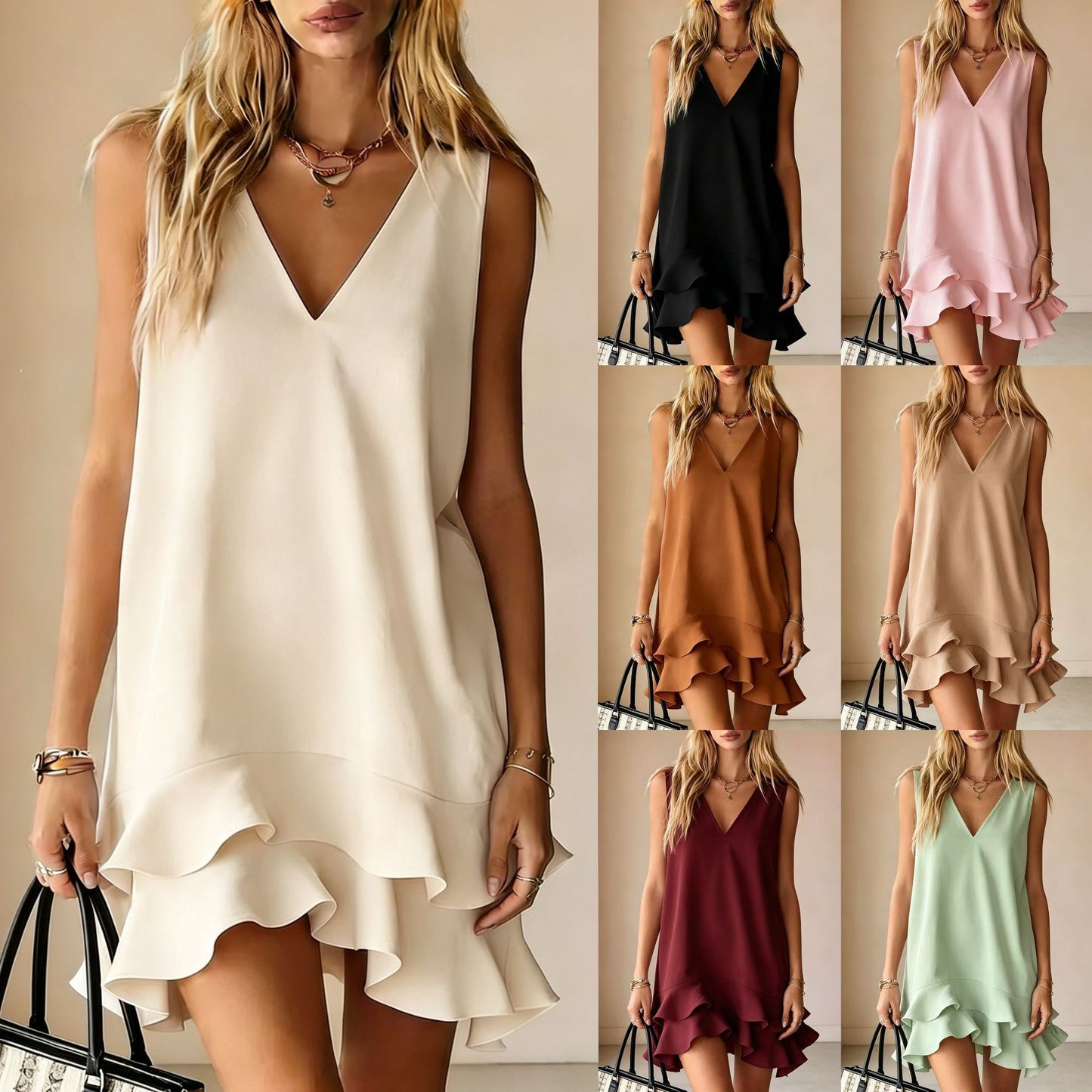 💝💝Women's Solid-color V-neck Sleeveless Loose-fit Ruffled Dress