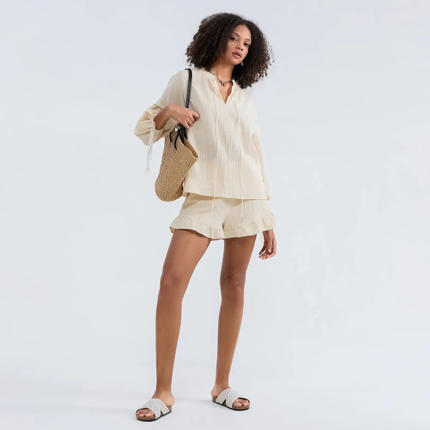 💝💝Women's Summer 2 Piece Outfits Solid Color Long Sleeve Tie-Up V-Neck Tops Elastic Waist Shorts Set