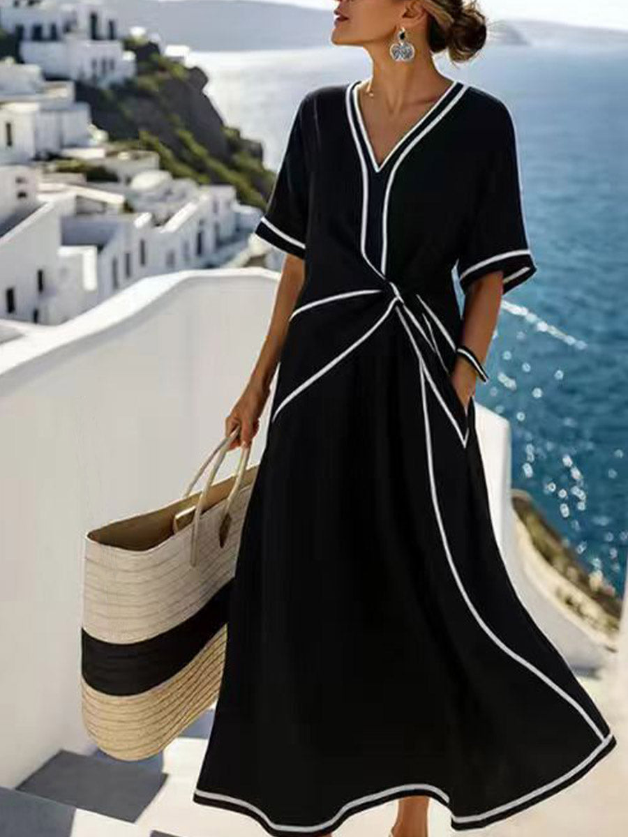 💝💝Women's V-neck Short-sleeve Casual Loose Cotton-linen Dress