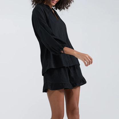 💝💝Women's Summer 2 Piece Outfits Solid Color Long Sleeve Tie-Up V-Neck Tops Elastic Waist Shorts Set