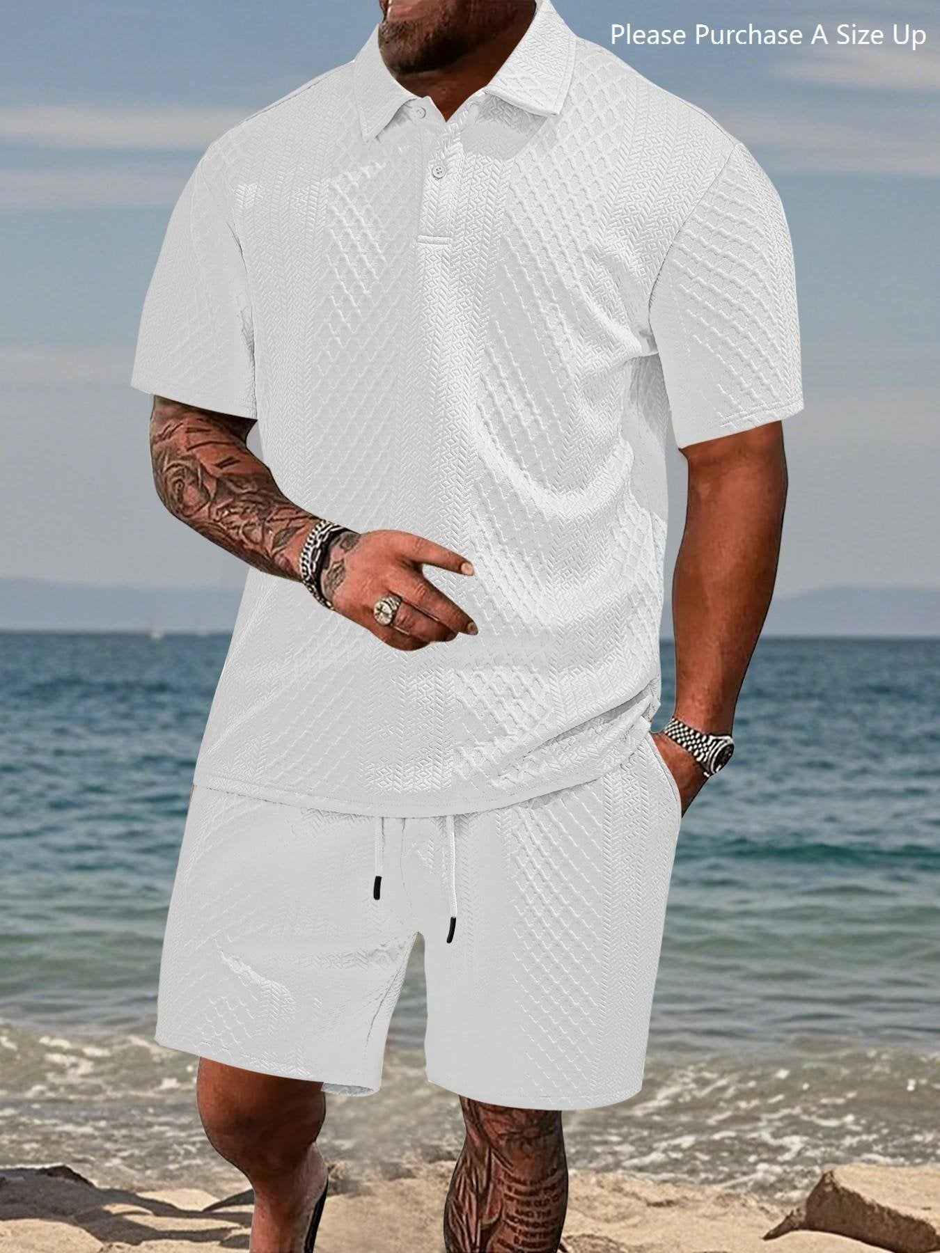 🎁New Arrivals🔥Men's Solid Polo Shirt & Drawstring Waist Shorts Set, Cozy Breathable Two-piece Outfits