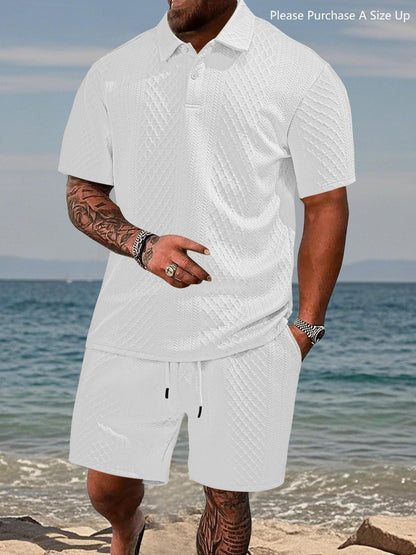 🎁New Arrivals🔥Men's Solid Polo Shirt & Drawstring Waist Shorts Set, Cozy Breathable Two-piece Outfits