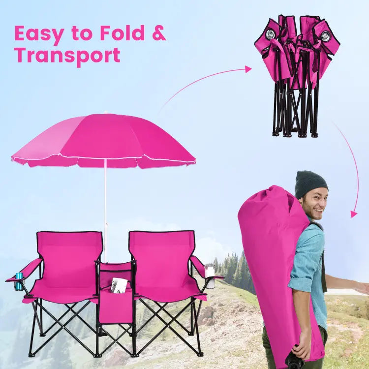 💥Factory Direct Sell💥 Double Camping Chairs ⛱️ w/ Umbrella & Cooler Bag 🧃 Outdoor Folding Set