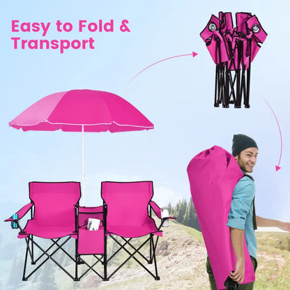 💥Factory Direct Sell💥 Double Camping Chairs ⛱️ w/ Umbrella & Cooler Bag 🧃 Outdoor Folding Set