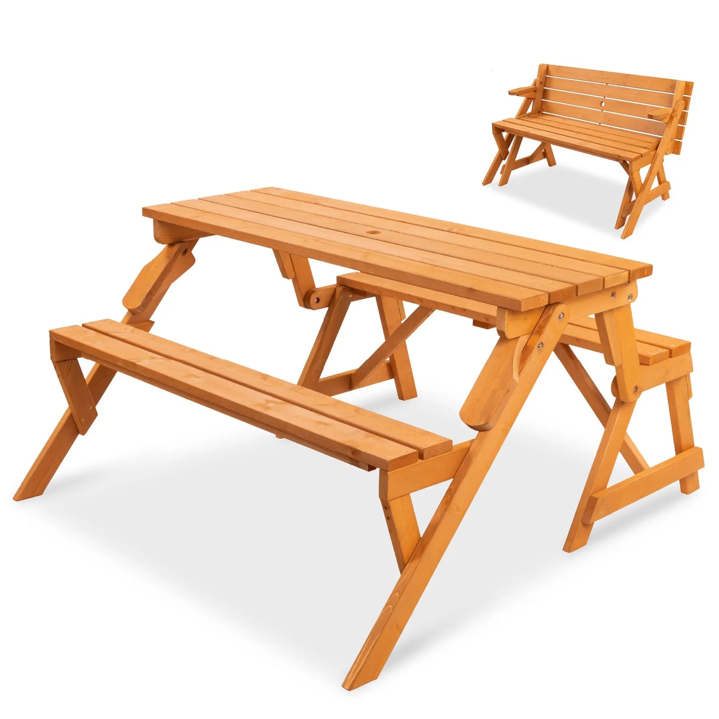 💥Factory Direct Sell💥 2-in-1 Wooden Picnic Table 🪑 Bench Convertible Design ⛱️ w/ Umbrella Hole