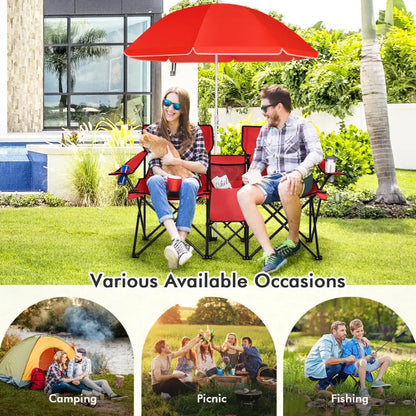 💥Factory Direct Sell💥 Double Camping Chairs ⛱️ w/ Umbrella & Cooler Bag 🧃 Outdoor Folding Set