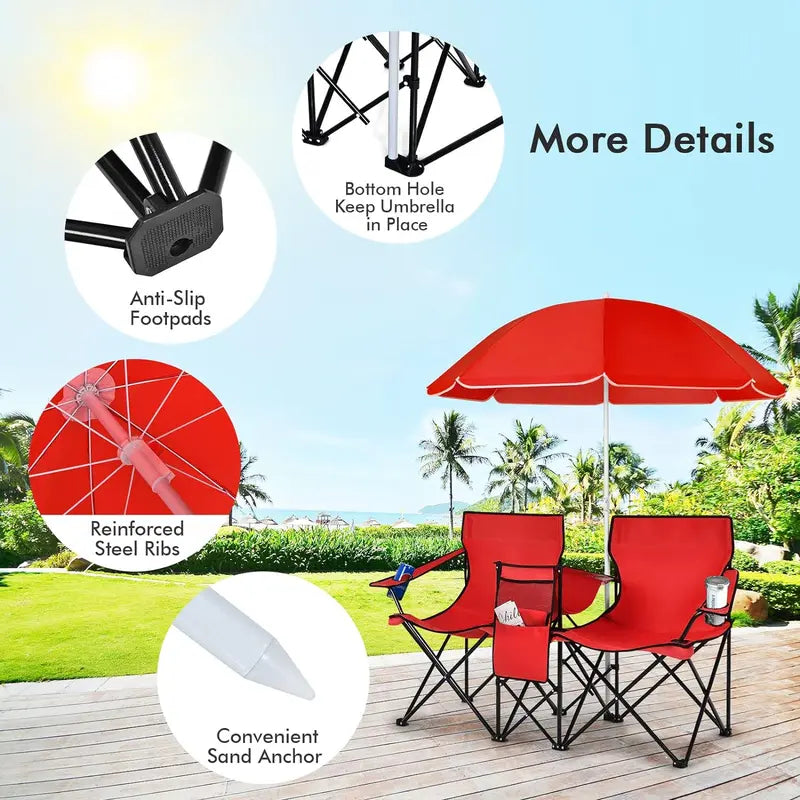 💥Factory Direct Sell💥 Double Camping Chairs ⛱️ w/ Umbrella & Cooler Bag 🧃 Outdoor Folding Set