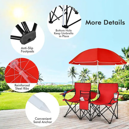 💥Factory Direct Sell💥 Double Camping Chairs ⛱️ w/ Umbrella & Cooler Bag 🧃 Outdoor Folding Set
