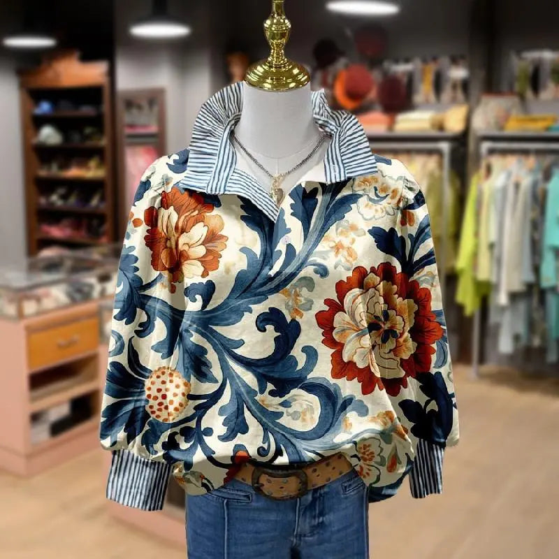 💝💝Cherrybetty Women's Vintage Floral Print Striped Collar Top Going Outfits Blouses 90s Tops Funny Shirts Women Elegant Classy Tops Blouse Classyoutfit Women cute summer outfit boho Casual Style cute summer outfit women's summer outfits