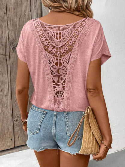 Women's Solid-color Round-neck Short-sleeve Top — Casual Loose-fit With Lace Splicing