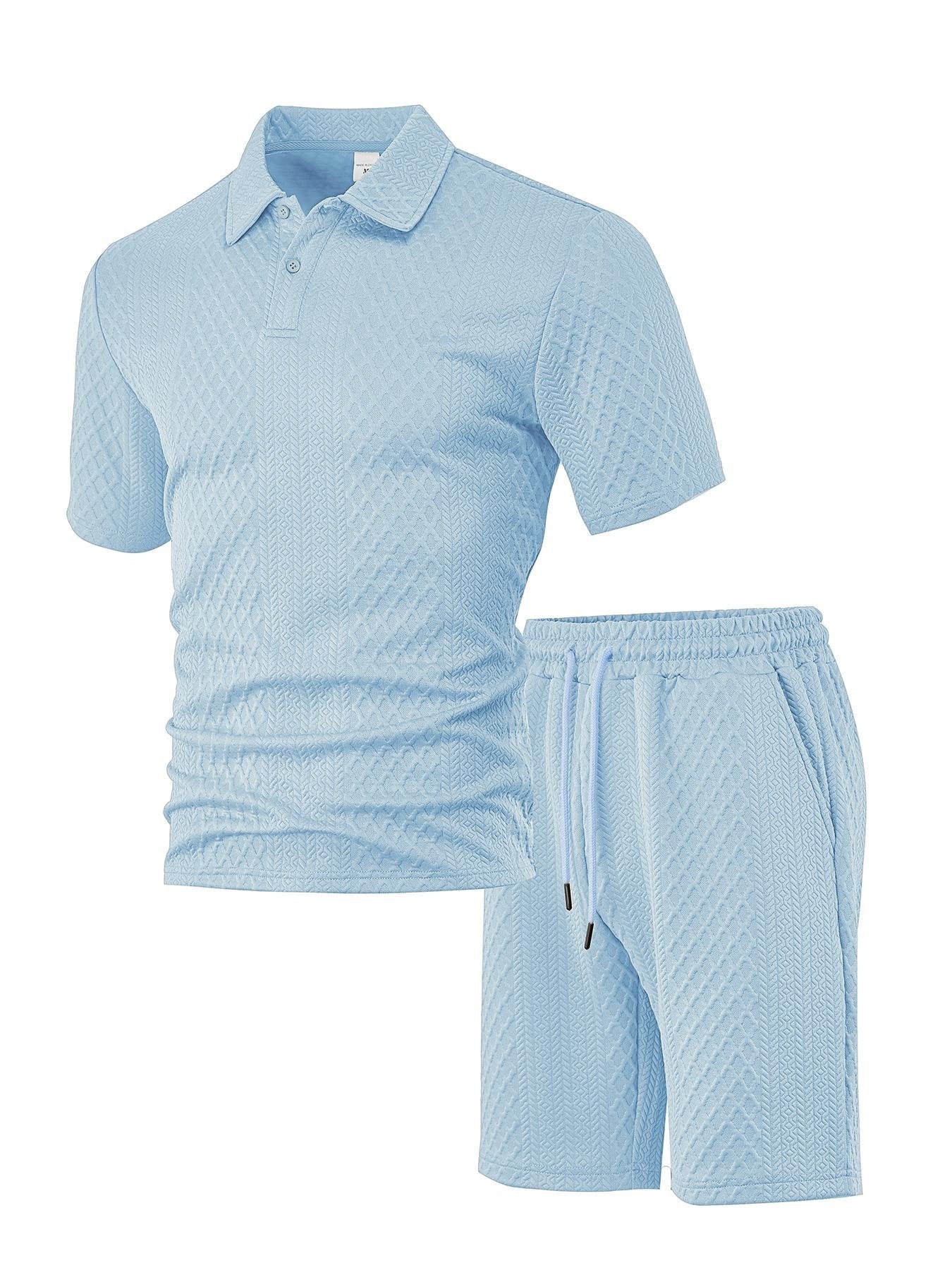 🎁New Arrivals🔥Men's Solid Polo Shirt & Drawstring Waist Shorts Set, Cozy Breathable Two-piece Outfits