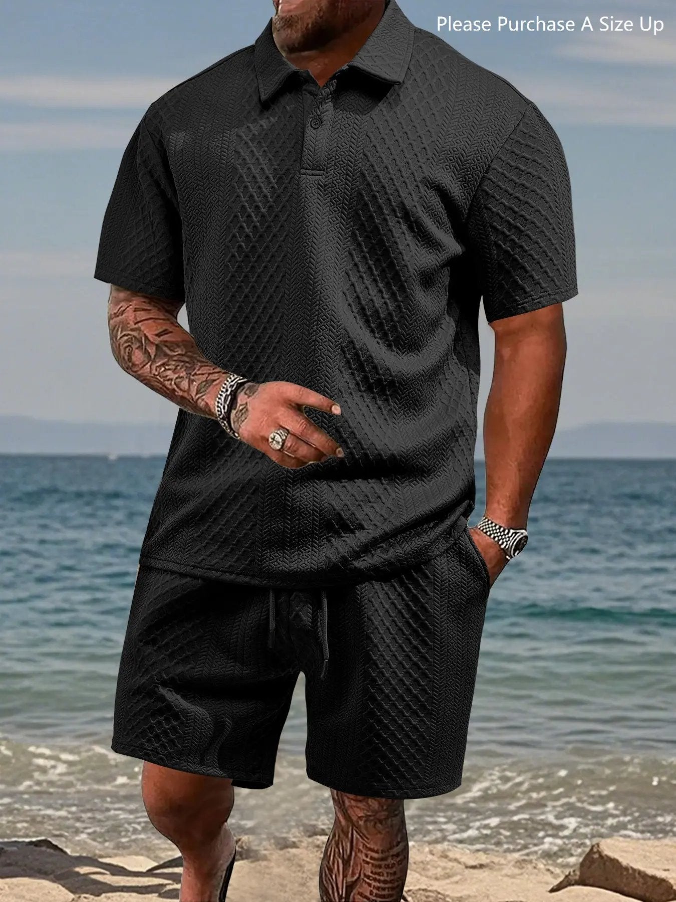🎁New Arrivals🔥Men's Solid Polo Shirt & Drawstring Waist Shorts Set, Cozy Breathable Two-piece Outfits