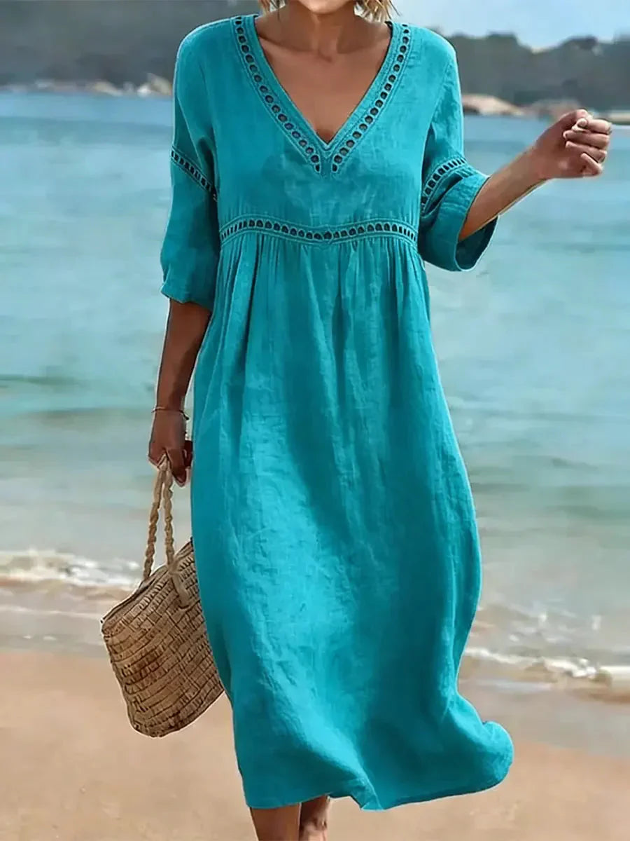 💝💝Women's Solid Color Retro Casual Stylish Vacation Cotton Dress