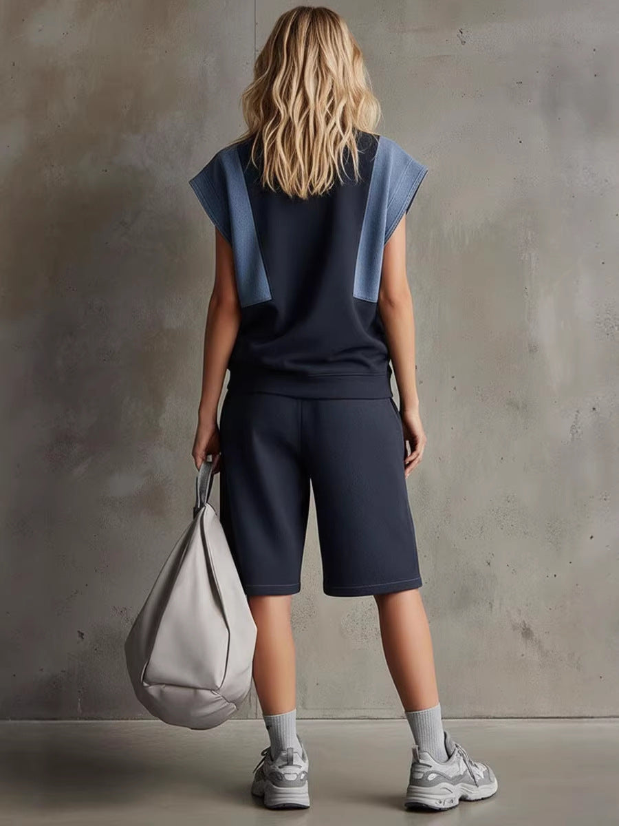 🎁New Arrivals🔥Stylish Casual Two-piece Set: Spliced denim & Cotton Top And Shorts