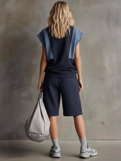 🎁New Arrivals🔥Stylish Casual Two-piece Set: Spliced denim & Cotton Top And Shorts