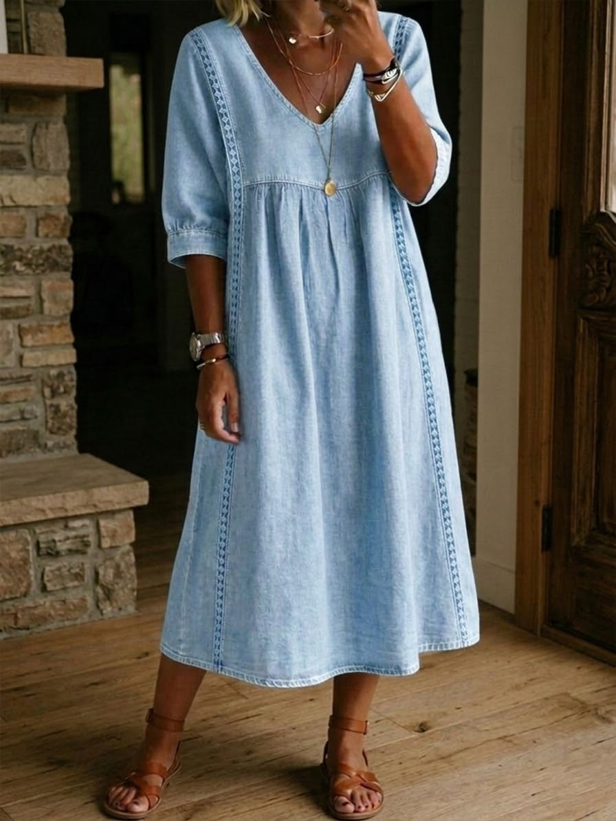 🎁New Arrivals🔥Women’s Lace Trim Denim Dress – Casual Loose Fit Vintage Denim Dress
