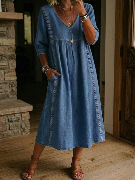 🎁New Arrivals🔥Women’s Lace Trim Denim Dress – Casual Loose Fit Vintage Denim Dress