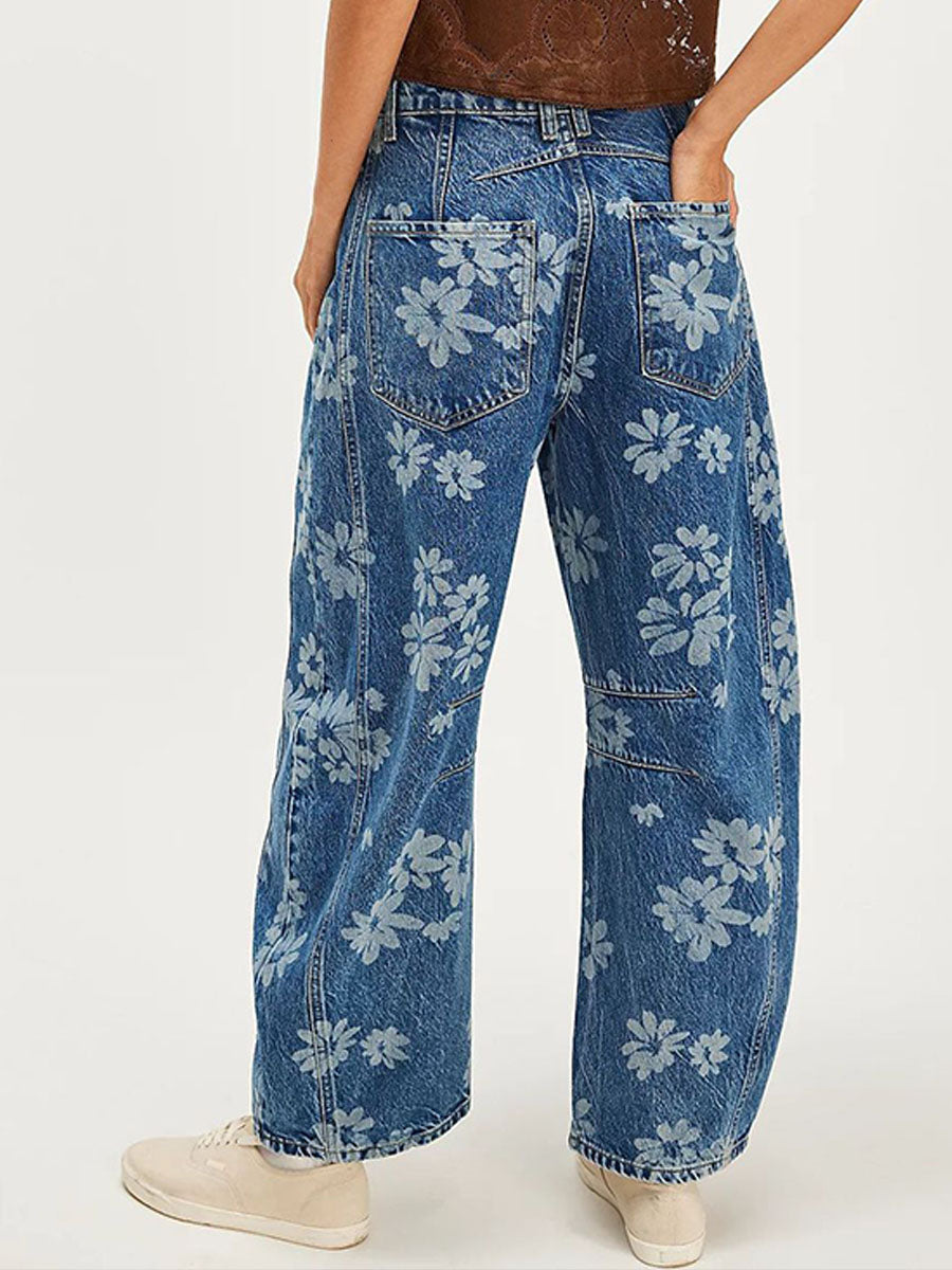 💝💝Women's Flower Print Loose-fit Mid-rise Straight-leg Jeans