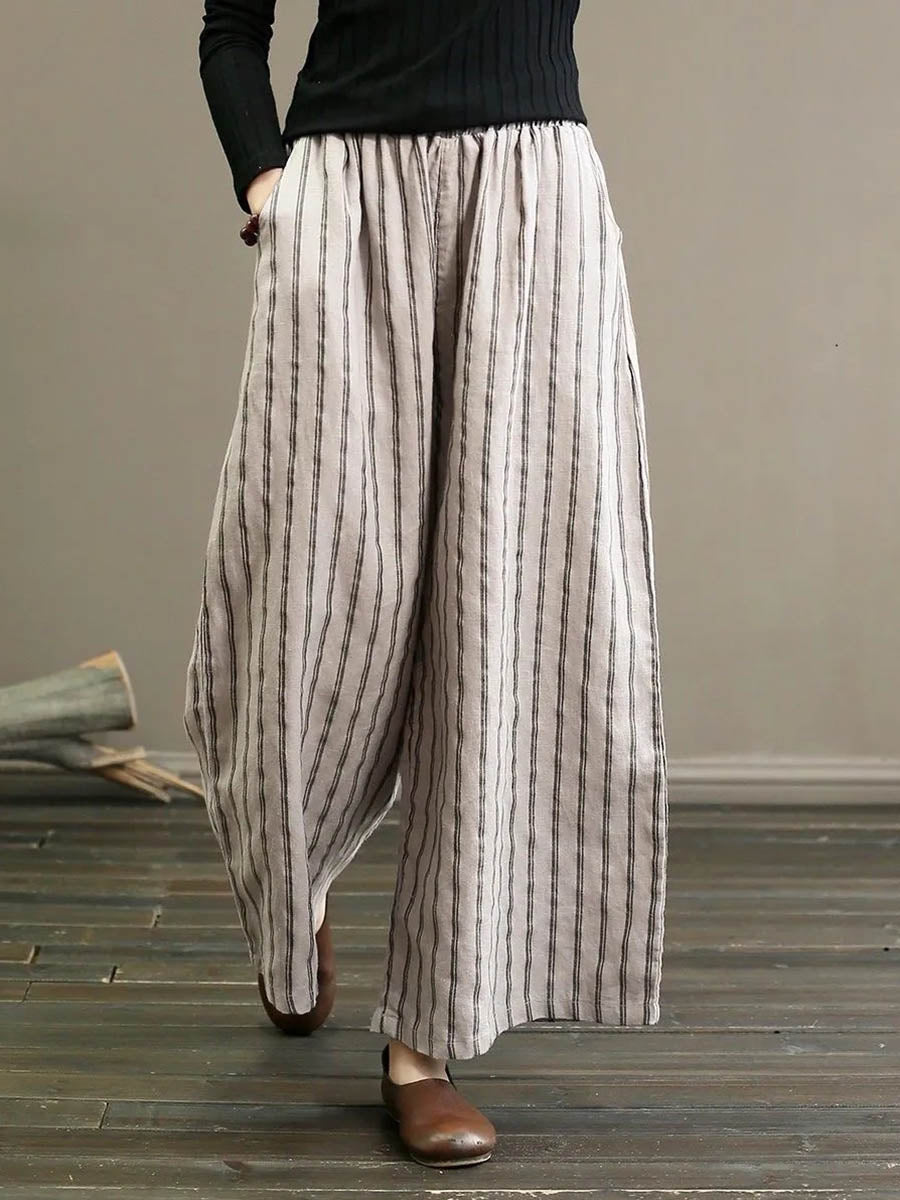 🎁New Arrivals🔥Women's High-waisted Loose-fit Striped Cotton-linen Wide-leg Pants