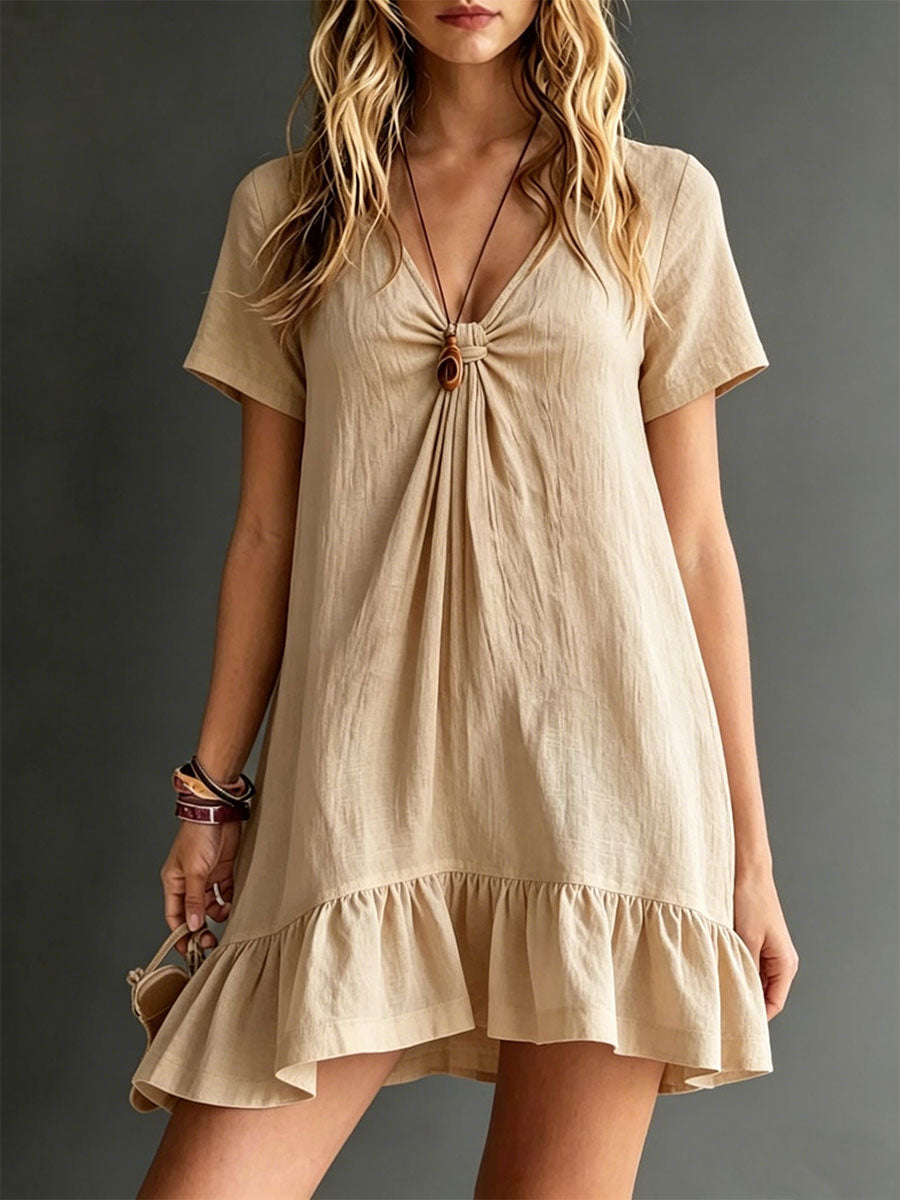 🎁New Arrivals🔥Women's Solid-color Cotton-linen V-neck Short-sleeve Dress