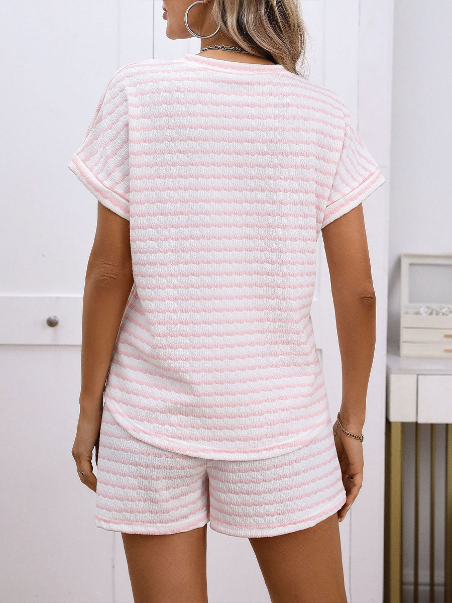 💝💝Women's Striped Set: Crew Neck Short-sleeve Pullover & Drawstring Shorts