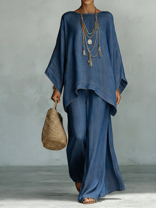 🎁New Arrivals🔥Cozy And Casual Tencel Denim Top And Wide-leg Pants Two-piece Set