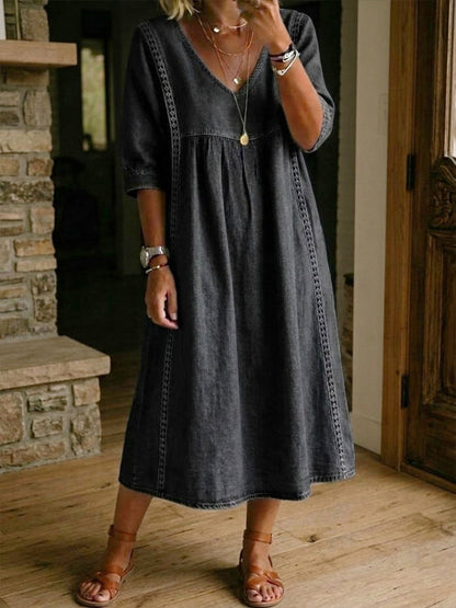 🎁New Arrivals🔥Women’s Lace Trim Denim Dress – Casual Loose Fit Vintage Denim Dress