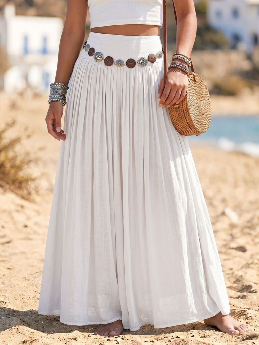 💝💝Boho Vacation-style Cotton-linen Maxi Skirt With Belt Detail