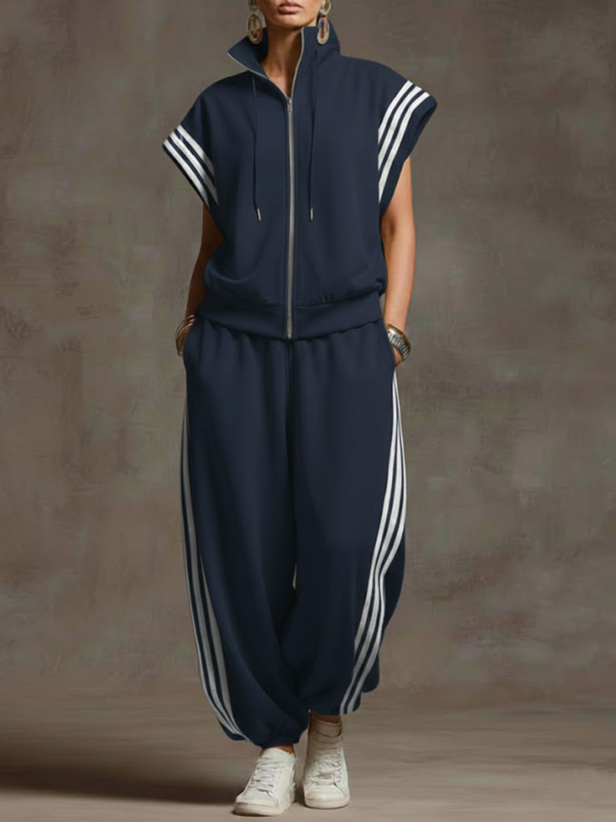 🎁New Arrivals🔥Women's solid-color stand-collar short-sleeve casual cotton top and high-waisted wide-leg cotton pants set.