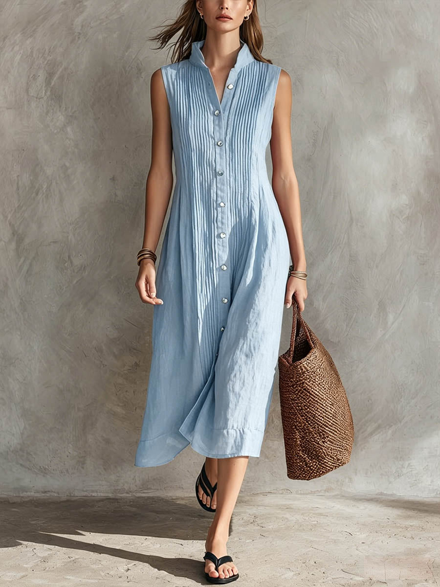 🎁New Arrivals🔥Women's Solid-color Stand-collar Sleeveless Casual Loose Pleated Cotton-linen Dress