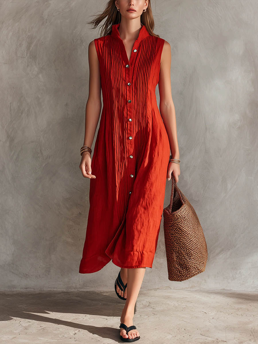🎁New Arrivals🔥Women's Solid-color Stand-collar Sleeveless Casual Loose Pleated Cotton-linen Dress