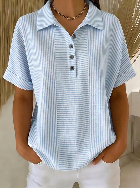 🎁New Arrivals🔥Artistic Cut Striped Cotton-linen Polo Collar Shirt Blouse