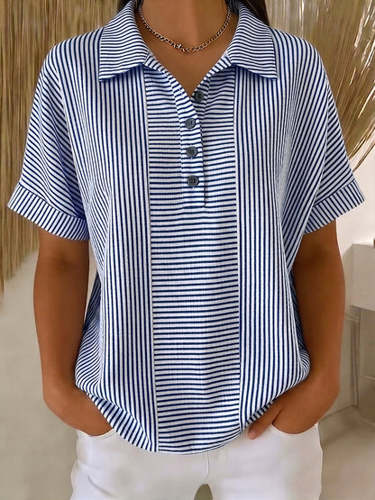 🎁New Arrivals🔥Artistic Cut Striped Cotton-linen Polo Collar Shirt Blouse